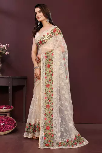 Beige net embroidery work ethnic partywear saree