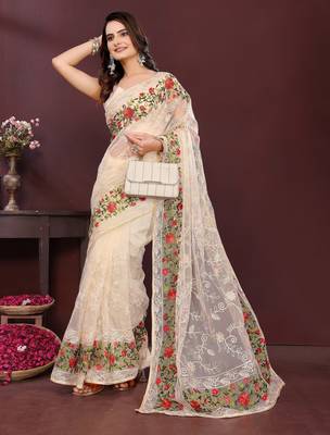 Beige net embroidery work ethnic partywear saree 5