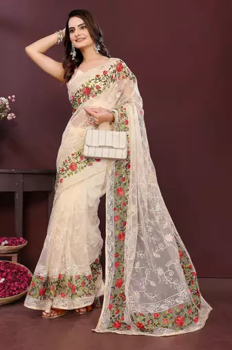 Beige net embroidery work ethnic partywear saree
