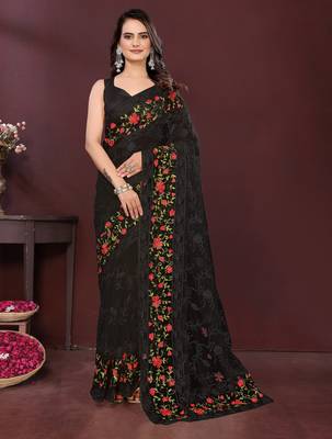 Black net embroidery work ethnic partywear saree 1