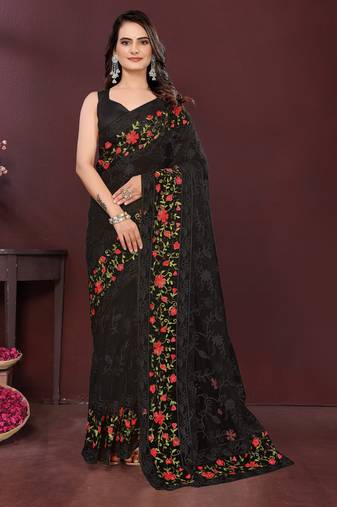 Black color net fabric designer embroidery work ethnic partywear saree