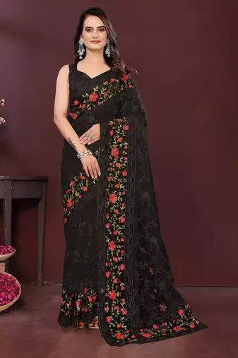 Black color net fabric designer embroidery work ethnic partywear saree