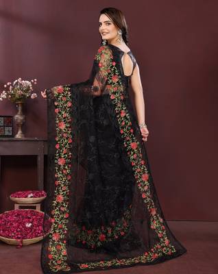 Black net embroidery work ethnic partywear saree 2