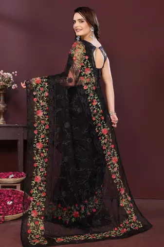 Black net embroidery work ethnic partywear saree