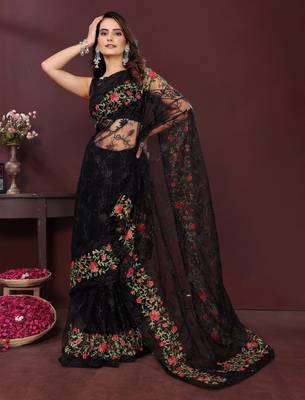 Black net embroidery work ethnic partywear saree 4