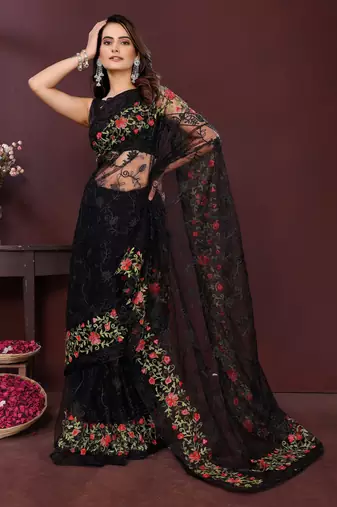 Black net embroidery work ethnic partywear saree
