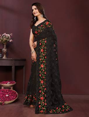 Black net embroidery work ethnic partywear saree 5
