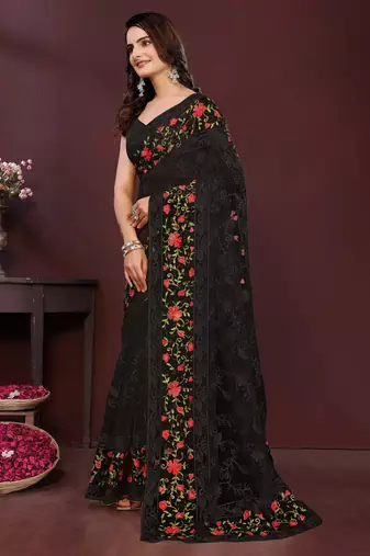 Black net embroidery work ethnic partywear saree