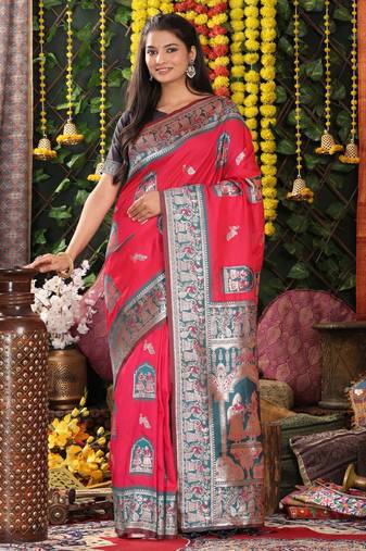 Pink color blended silk fabric woven jari designer saree