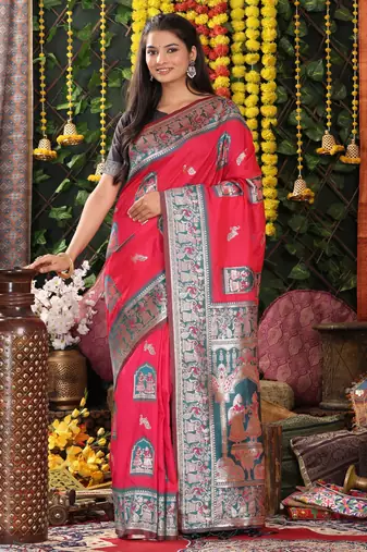 Pink color blended silk fabric woven jari designer saree
