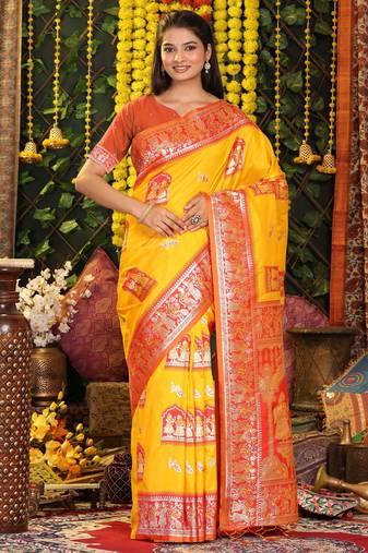 Yellow color blended silk fabric woven jari designer saree