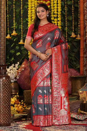 Grey color blended silk fabric woven jari designer saree