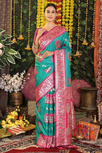 Sea green color blended silk fabric woven jari designer saree