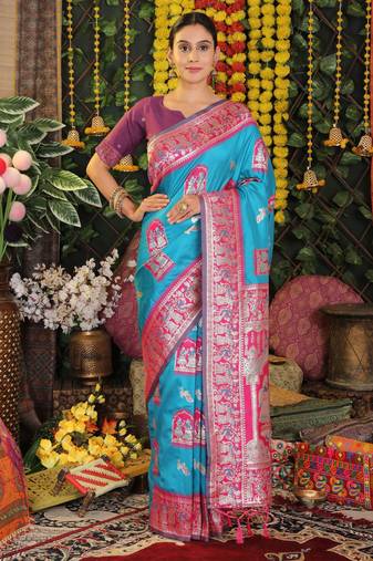 Sky blue color blended silk fabric woven jari designer saree