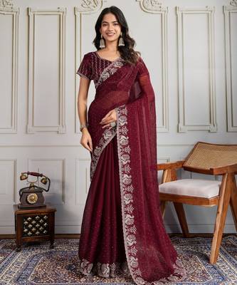Maroon burberry silk blend graceful partywear saree 1