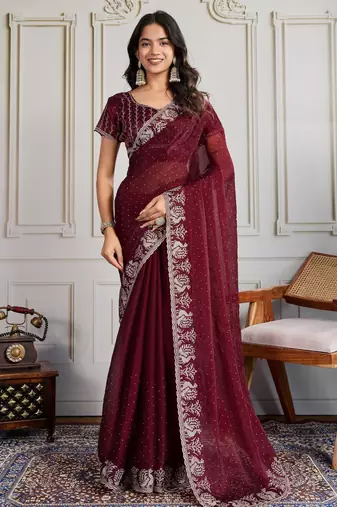 Maroon color burberry silk fabric graceful partywear saree