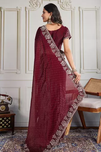 Maroon burberry silk blend graceful partywear saree
