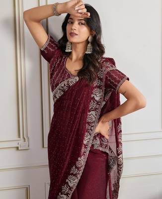 Maroon burberry silk blend graceful partywear saree 3