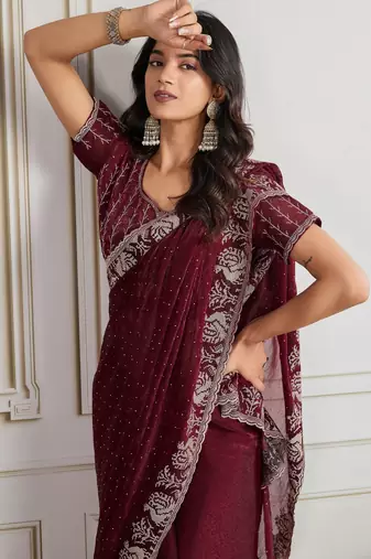 Maroon burberry silk blend graceful partywear saree