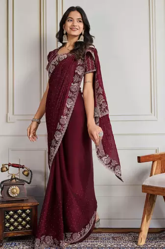 Maroon burberry silk blend graceful partywear saree