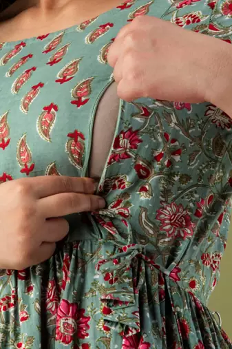 Sea green  floral printed  cotton flared maternity maxi dress