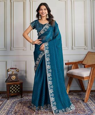 Teal blue burberry silk blend graceful partywear saree 1