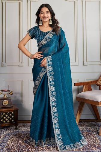 Teal blue color burberry silk fabric graceful partywear saree