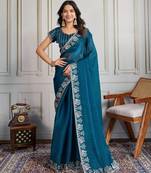 Teal blue color burberry silk fabric graceful partywear saree