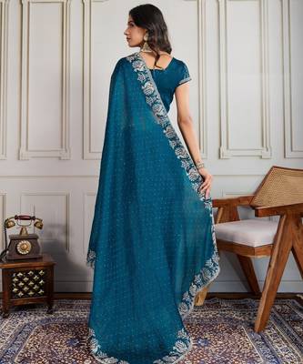 Teal blue burberry silk blend graceful partywear saree 2