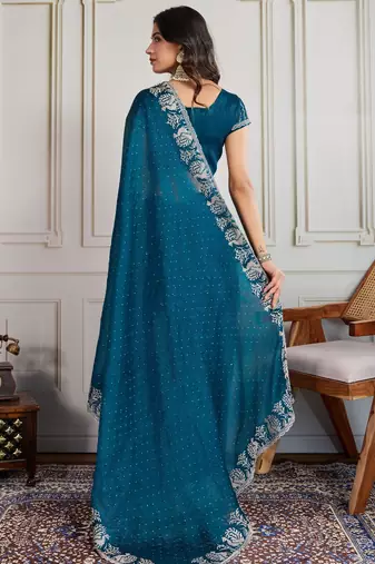Teal blue burberry silk blend graceful partywear saree