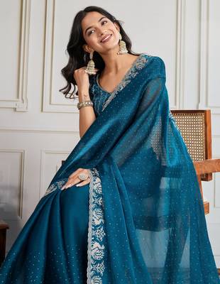Teal blue burberry silk blend graceful partywear saree 3