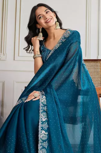Teal blue burberry silk blend graceful partywear saree