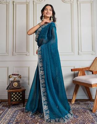 Teal blue burberry silk blend graceful partywear saree 4