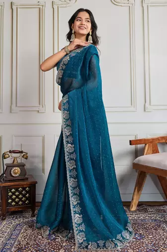 Teal blue burberry silk blend graceful partywear saree