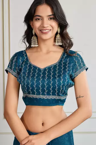 Teal blue burberry silk blend graceful partywear saree
