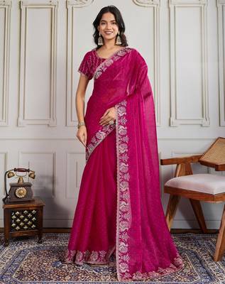 Pink burberry silk blend graceful partywear saree 1
