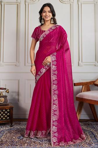 Pink color burberry silk fabric graceful partywear saree