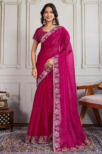 Pink color burberry silk fabric graceful partywear saree