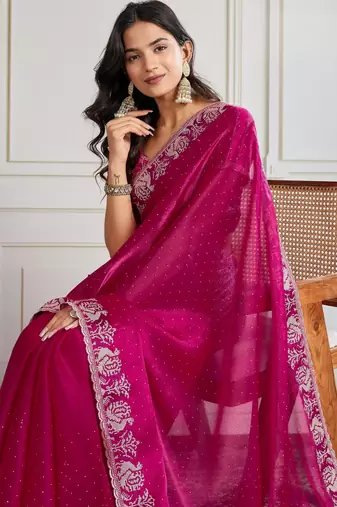 Pink burberry silk blend graceful partywear saree