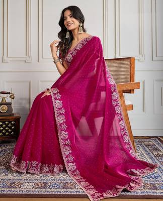 Pink burberry silk blend graceful partywear saree 4