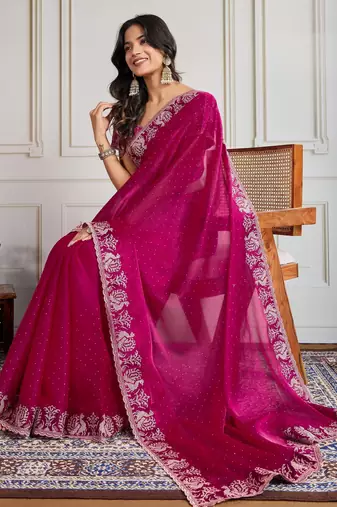 Pink burberry silk blend graceful partywear saree