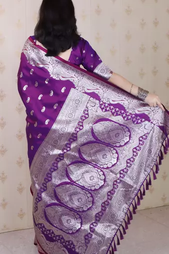 Purple faux banarasi silk blend saree woven silver zari ceremonial partywear saree
