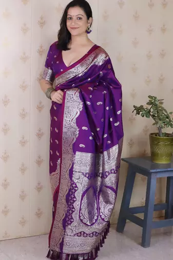Purple faux banarasi silk blend saree woven silver zari ceremonial partywear saree