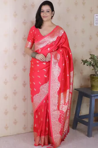 Red color banarasi silk saree woven silver jari designer ceremonial partywear saree