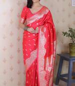 Red color banarasi silk saree woven silver jari designer ceremonial partywear saree