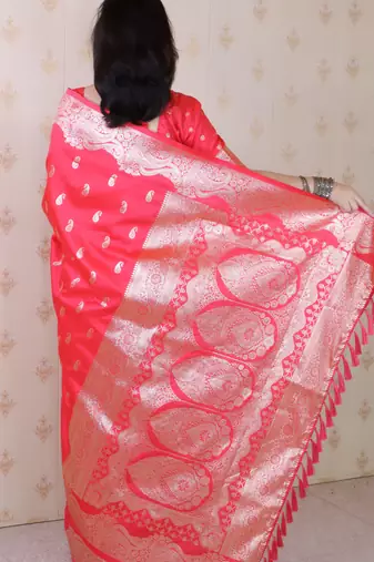 Red faux banarasi silk blend saree woven silver zari ceremonial partywear saree
