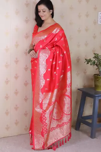 Red faux banarasi silk blend saree woven silver zari ceremonial partywear saree
