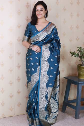 Teal blue color banarasi silk saree woven silver jari designer ceremonial partywear saree
