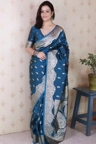 Teal blue color banarasi silk saree woven silver jari designer ceremonial partywear saree