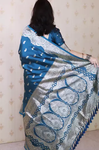 Teal blue faux banarasi silk blend saree woven silver zari ceremonial partywear saree